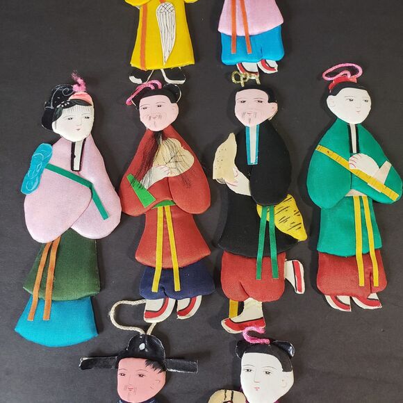 Adorable Vintage Set of 8 Chinese Silk and Paper Dolls 4" tall Asian Figures - Picture 2 of 11